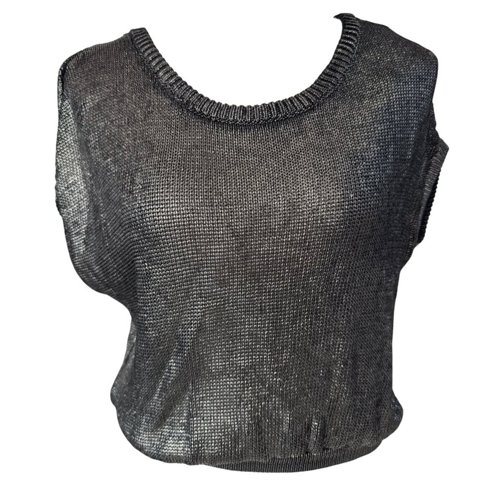 Jessica Simpson Sleek Metallic Gray Knit Top Short Sleeve Lightweight Sweater M